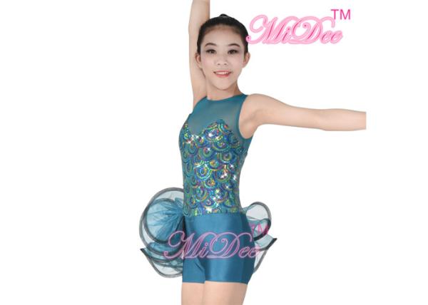 Leotard Peacock Sequins Ballet Dance Costumes One Side Organza Skirt for Adult