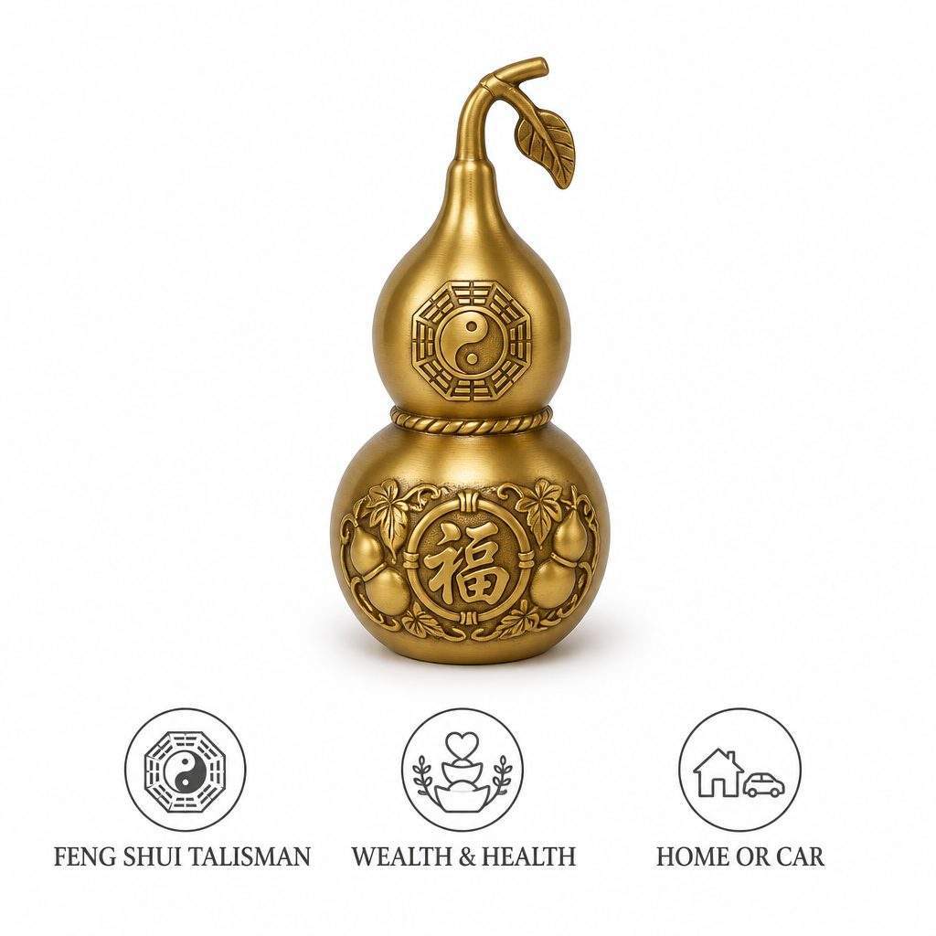 Brass Wu Lou Gourd Feng Shui Talisman with Bagua Base for Health