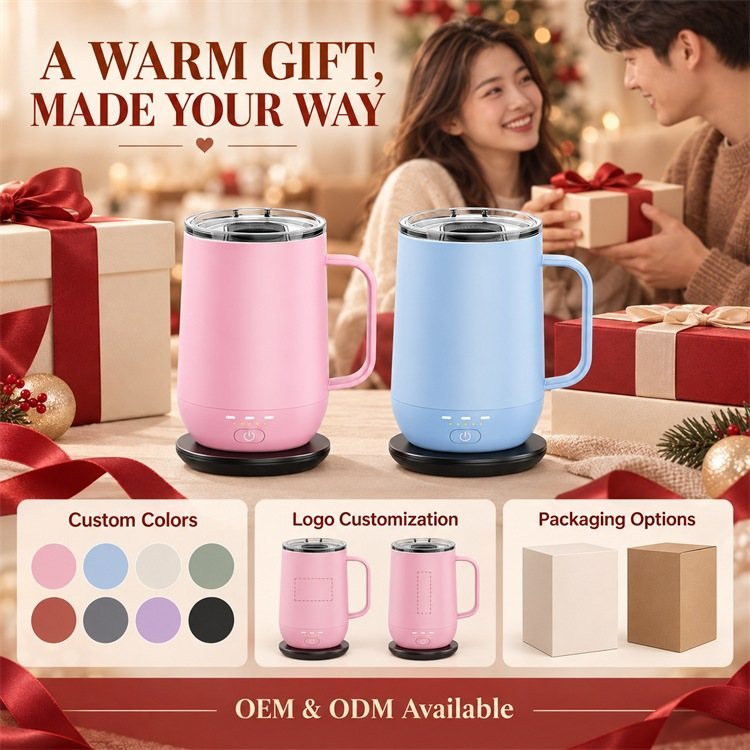 Wireless Charging Heated Mug, Multiple Temperature Settings with One-Button Control, Rechargeable Cordless Coffee Cup with Stainless Steel Liner, Custom Color Logo and Packaging