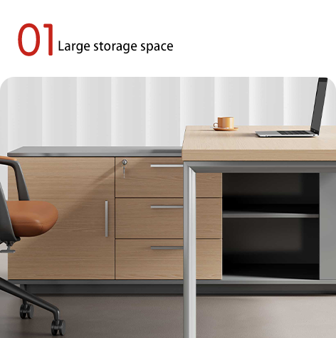 Myidea Solid Wood L-Shaped Executive Desk with Sub Cabinet and Multiple Steel Feet for Office Building