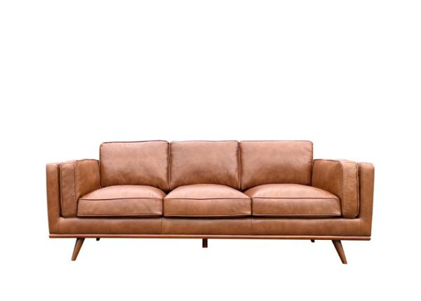 Timber Base Three Seater Leather Sofa Chestnut Thick Padded Seats Brown Leather Sofa