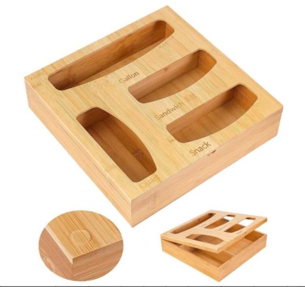 12x12x3 Inch Bamboo Kitchen Storage Ziplock Bag Storage Organizer
