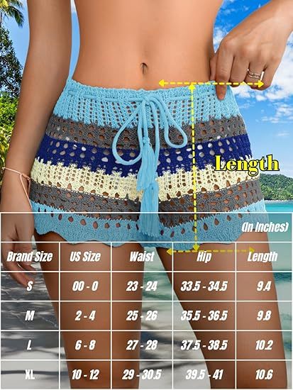Women'S Crochet Cover Up Skirt High Waist Drawstring Knit Swimsuits Boho Swim Skirts Beach Cover Up,Drawstring Colorful Crochet Shorts for Women,Cute Summer Bottoms Rave Festival