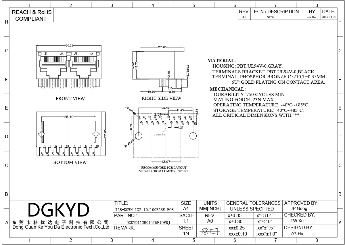 1X2 Port Configuration RJ45 PCB Connector with Gold Plating 6u and Right Angle PCB Mount for Communication