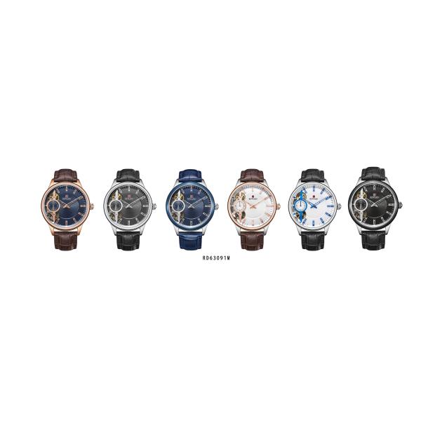 2.5D Mineral Glass Mens Stainless Steel Watches Double Movement Leather Strap