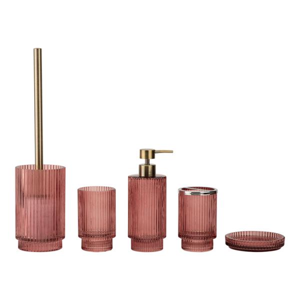 Chilli y vidrio marrón Accesorios de baño de forma redonda con banda vertical con costillas portabotellas de jabón para manos