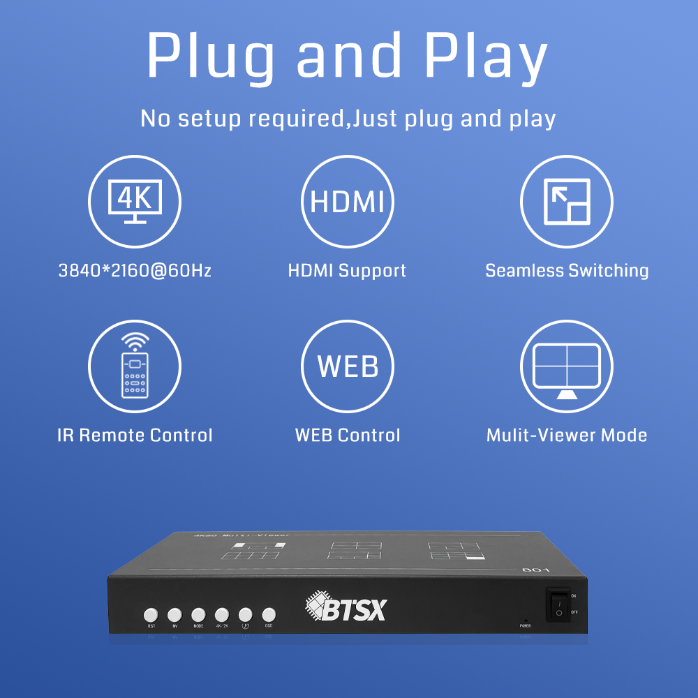 4K60 Multi-viewer Video Wall Controller with 8 Input Channels Seamless Switching and Remote Control