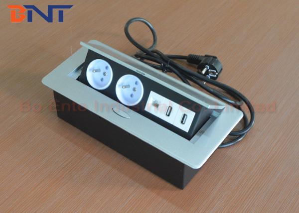 Oval Zinc Alloy Silver Table Pop Up Outlets Box with 3 Meter European Plug