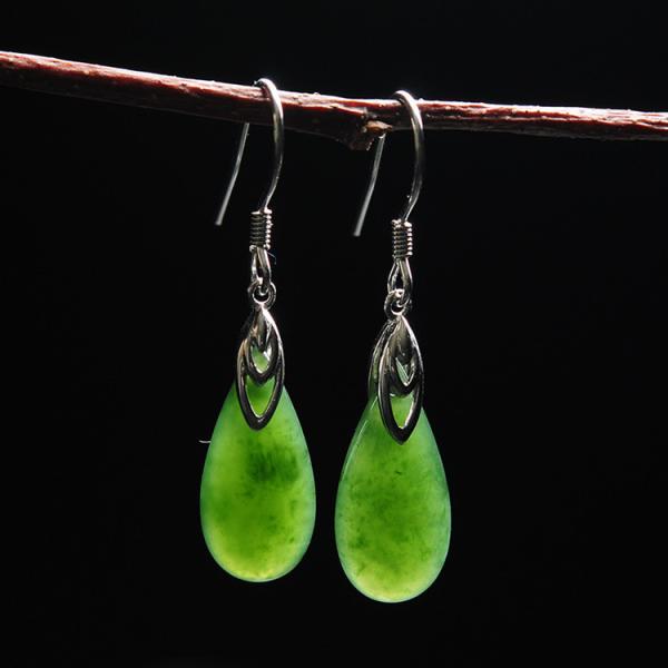 925 Sterling Silver Design Green Nephrite Jade Drop Earrings with Custom Logo Sublimation Printing