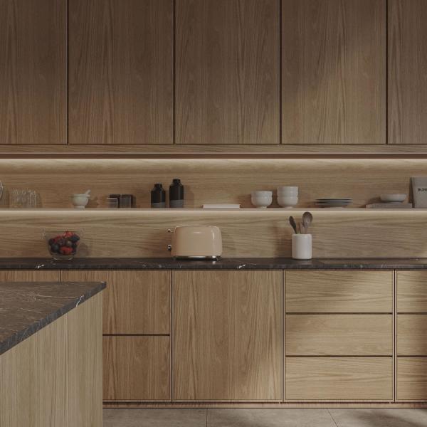 Fabricante de estilo moderno Conjunto completo de diseños de gabinetes de cocina de granos de madera minimalista completo