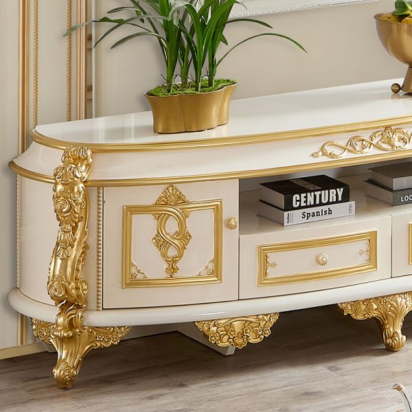 European Classic Style Royal Luxury TV Cabinet Villa Furniture Home Storage White and Gold Large Wood Living Room TV Stand