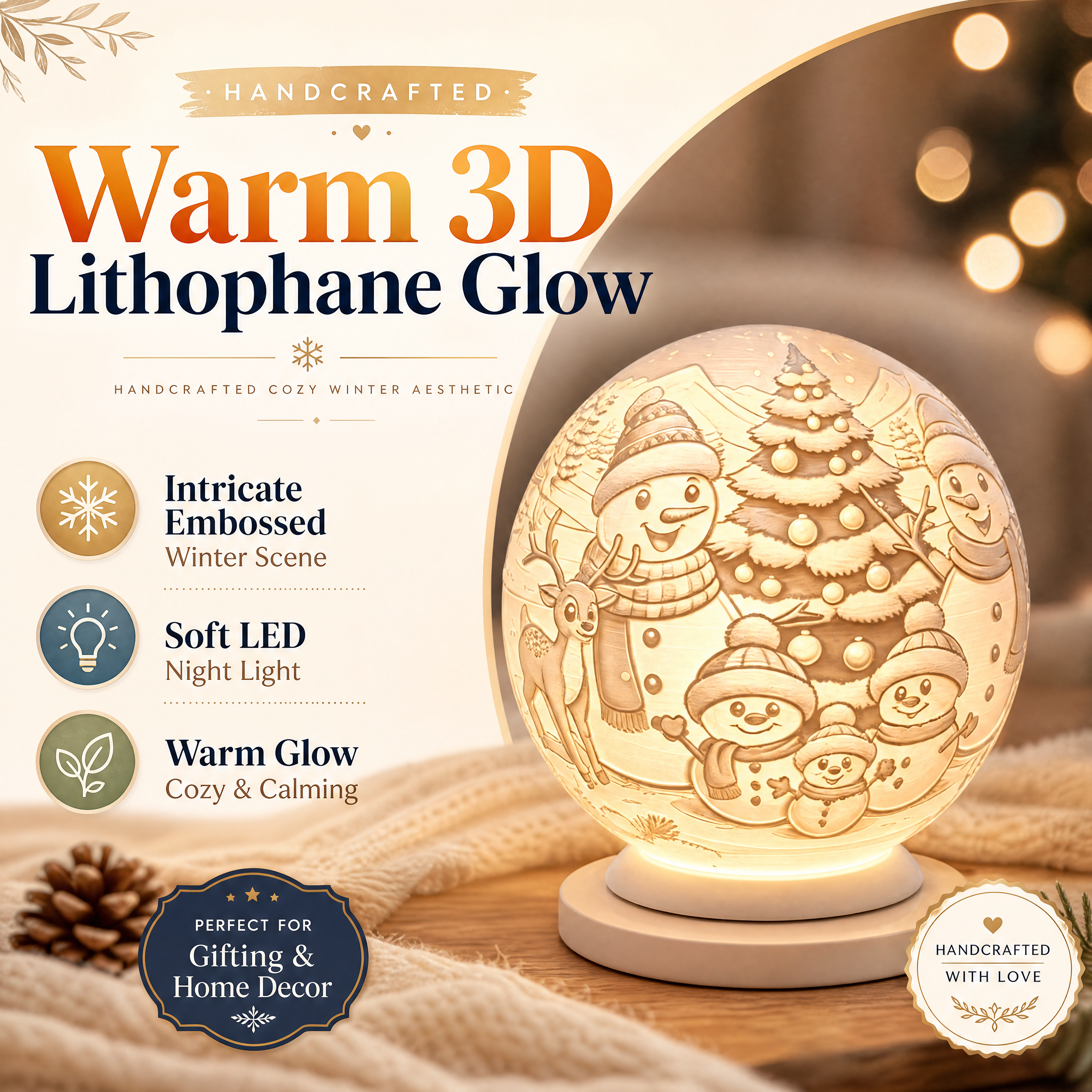 Christmas Snowman Relief Sphere Lamp 3D Printed Art Ornament for Holiday Table Decoration