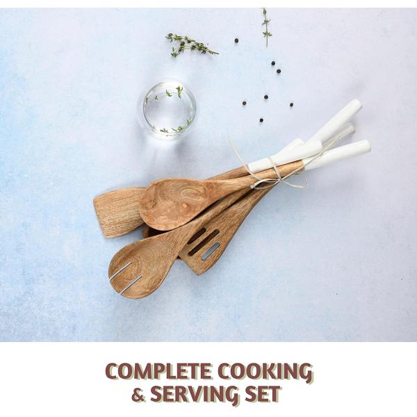 5-Piece Acacia Wood Kitchen Cooking Set Spoon Spatula Fork Slotted Turner Corner Spoon