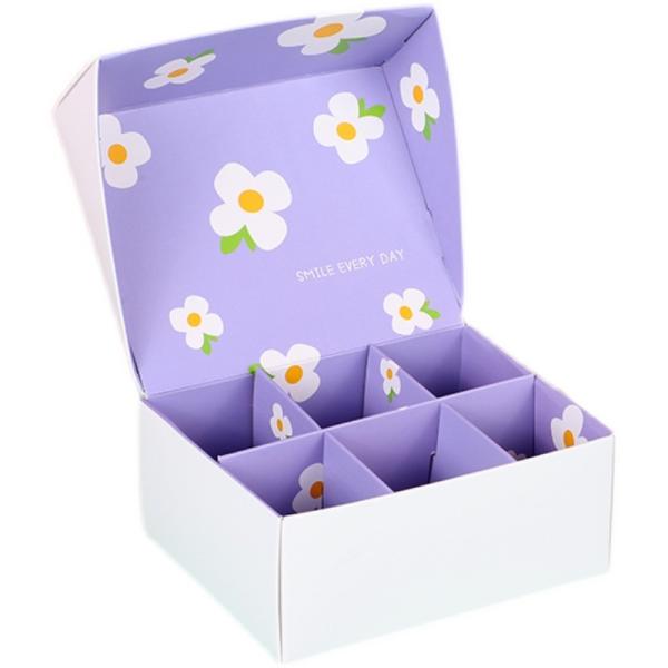 Set de caja de macarons premium de 6 celdas, repostería francesa, diseño floral morado y rosa