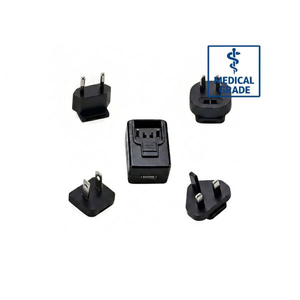 6W Medical AC/DC Adapter, Interchangeable Plug, IEC60601 2×MOPP, 5V 1.2A / 12V 0.5A Low Leakage