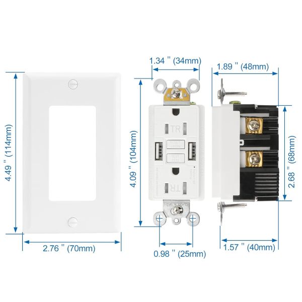 15A 125V GFCI Outlet with Self-Test and Dual USB Charging Ports for Residential Use