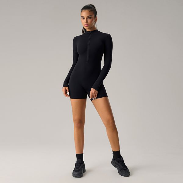 Long Sleeve Half Zip Bodysuit Short Leg Design Brown for Women Yoga