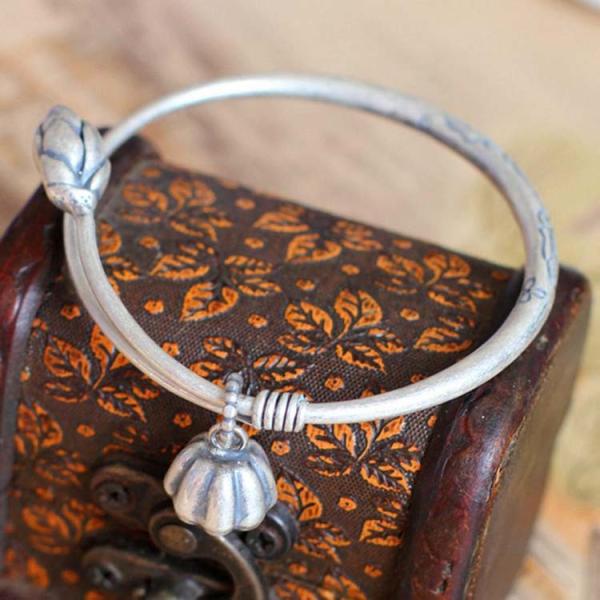 Sterling Silver Bangle Cuff Bracelet Engraved Water Lily Flower Vintage Jewelry(053128W)