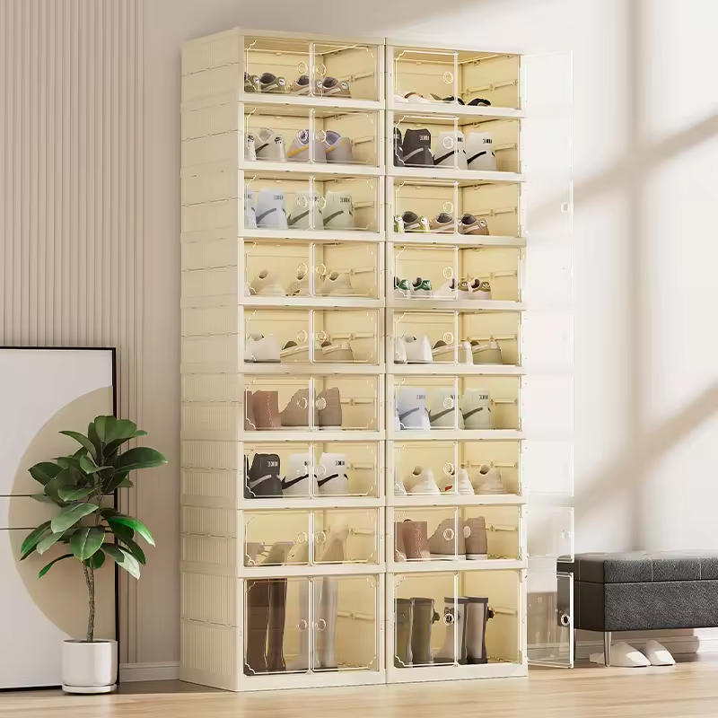 Durable Beige Clear Shoe Storage Cabinet Stackable Magnetic Closure Drawers with Ventilated Top for Modern Home Organization