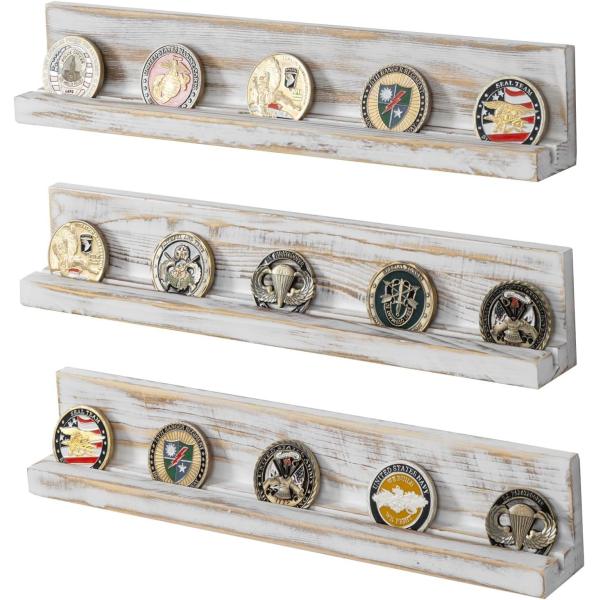 Wall Mounted White Washed Solid Wood Challenge Coin Holder Three-layer Wood Handicraft