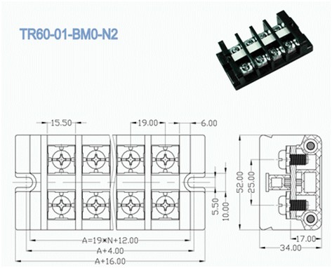 19.00mm 600V 60A, блок Маунта панели терминальный для места сервера
