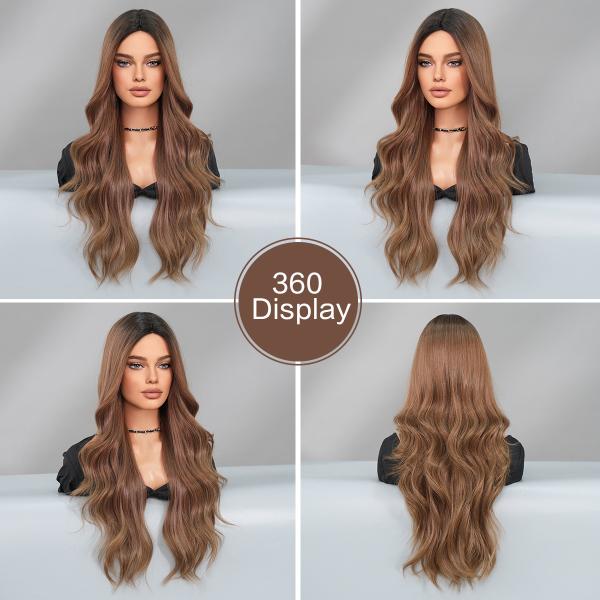 Fashion Long Body Wave Dark Root Hair Brown Synthetic Wigs For Women