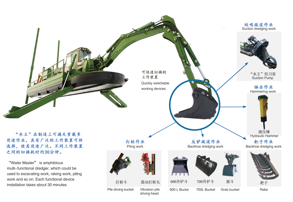 Sand Dredging Amphibious Dredger with 10m Dredging Depth 500m Discharging Distance