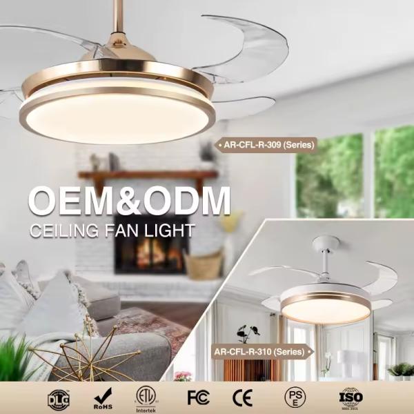 usine de gros moderne 42 pouces rétractable chandelier Ventilateurs de plafond rond Dimmable Led Ventilateur de plafond avec lumière et télécommande pour le salon chambre à coucher