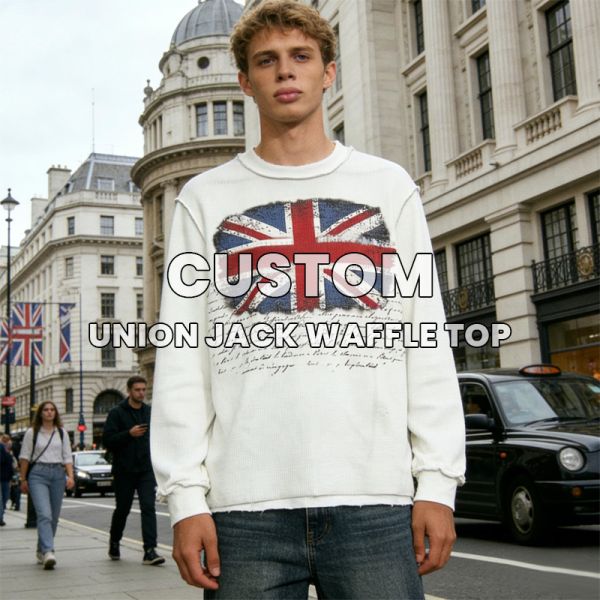 Heavyweight Waffle Round Neck Sweatshirt Manufacturer Custom Embroidered Printed Boxy Distressed Knitted Long Sleeve t Shirt