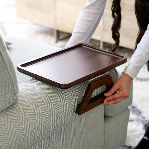 Customized Wood/Bamboo Sofa Clip on Side Table for Wide Couches Arm, Armrest Table for Eating/Drinks/Snacks/Remote/Control