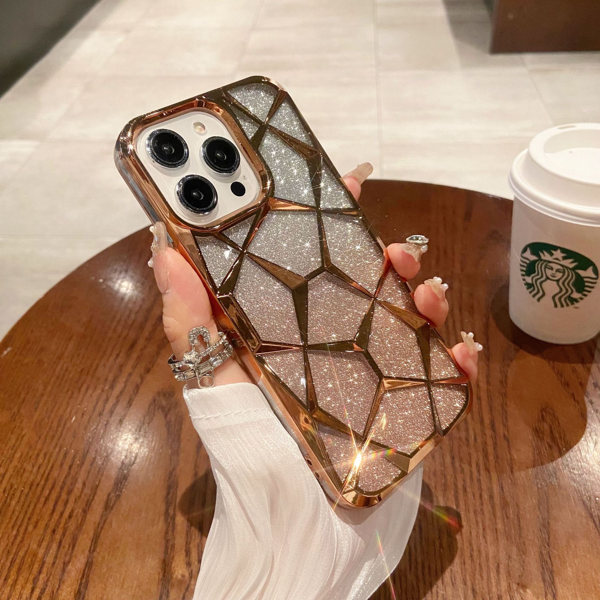 PC Premium Geometric Quilted Gradient Glitter Soft Waterproof Shockproof Mobile Phone Case for for 11 12 13 14 15 Pro Max