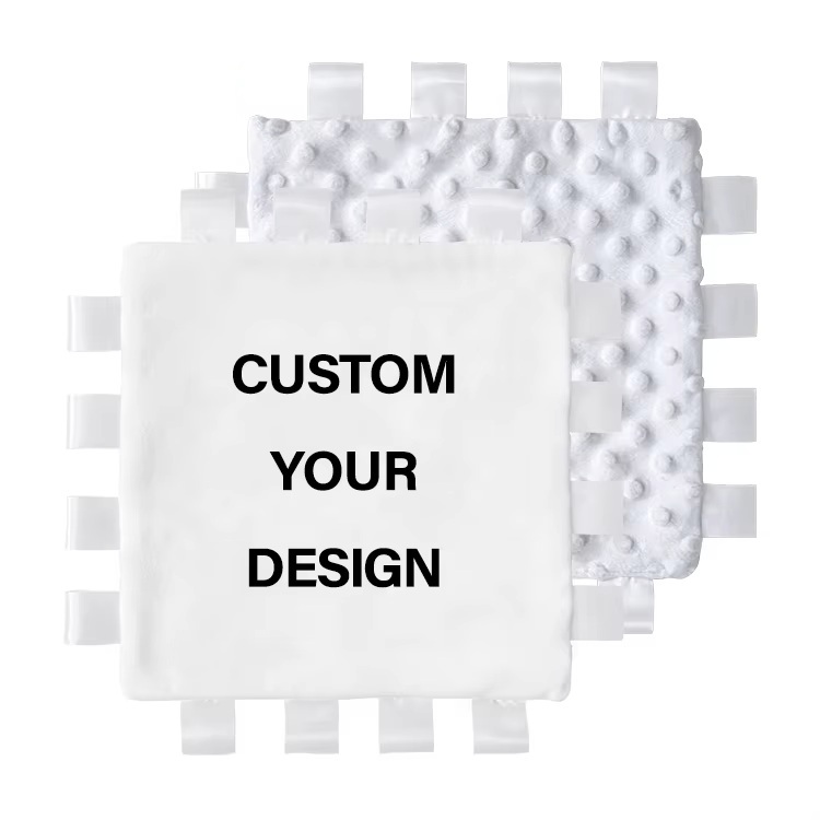 Baby Gift Ideas Personalized 3D Dot Minky Taggy Blanket Knitted Animal Pattern Sublimation Plush Blanket With Ribbon Tags