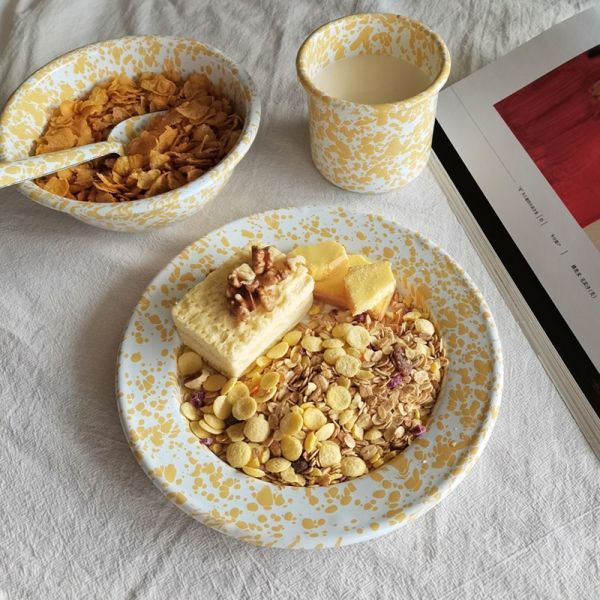 Korean Style Enamel Dinnerware Set Enamel Plate Mug Rice Bowl Dish Camping Ware