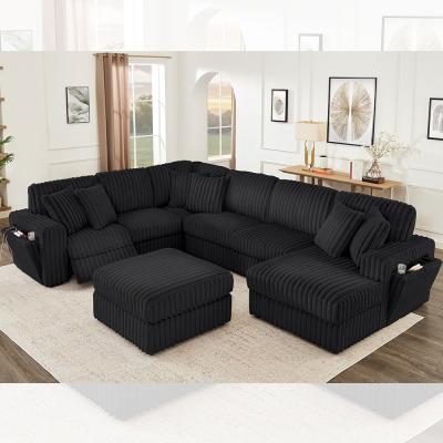 Recliner Sofa set with Hidden Cup Holder and Wireless Charger, Black Corduroy Fabric