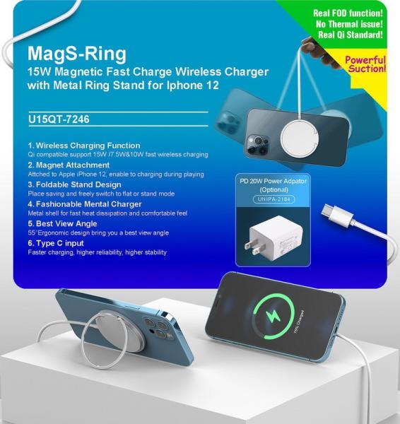 U-Way wireless charger, Magsafe,Magnetic charging stand station, Qi，15W compatible with iphone 12 Aluminium metal