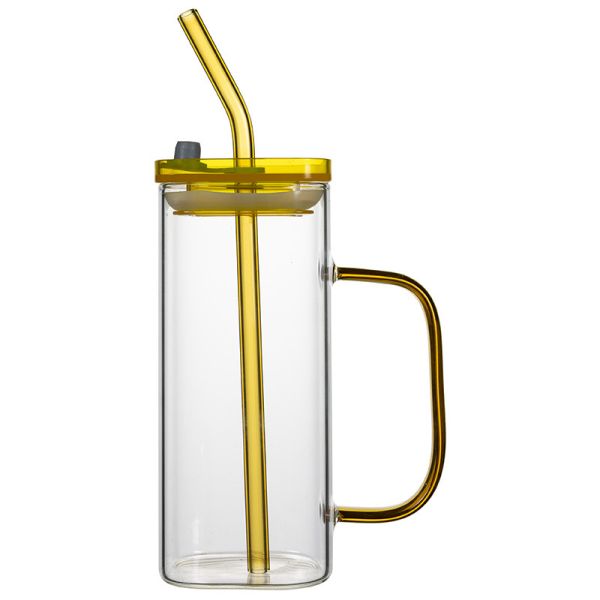 Portable Borosilicate Glass Cup With Colorful Handle PP Lid Glass Straw BPA Free