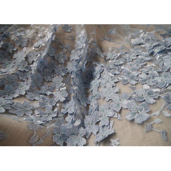 Royal Blue Embroidery Tulle Lace Fabric With 3D Flowers For Haute Couture