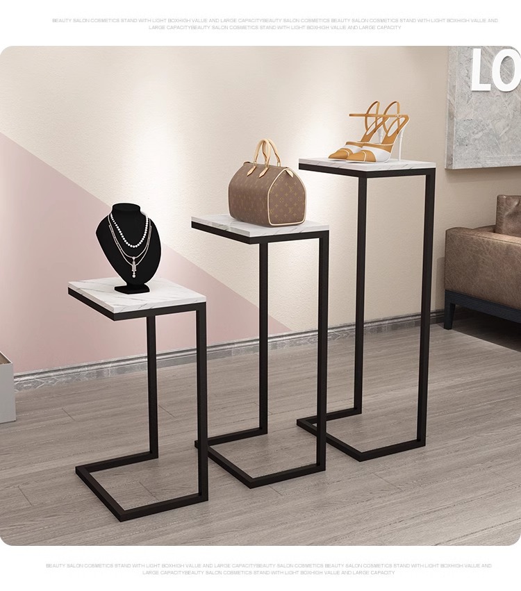 Durable Gold Metal Wood Floor Type Display Stand Marble-Design Panel Shelf Promotional Rack Clothing Shoes S/M/L Sizes 1 Pcs