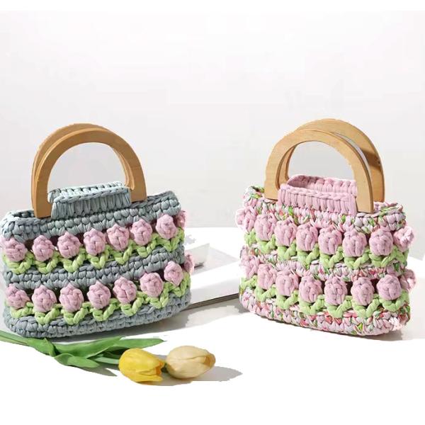 Wooden Handle Crochet Hand Bag Hand Woven Tulip Flower 16cm×15cm×6cm