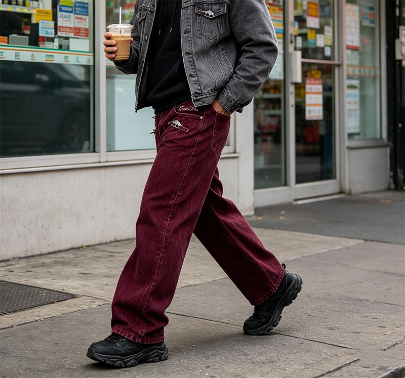 Burgundy Acid Wash Wide Leg Jeans | Bat Metal Pocket Detail Embroidered Denim Pants | Unisex Gothic Streetwear Trousers