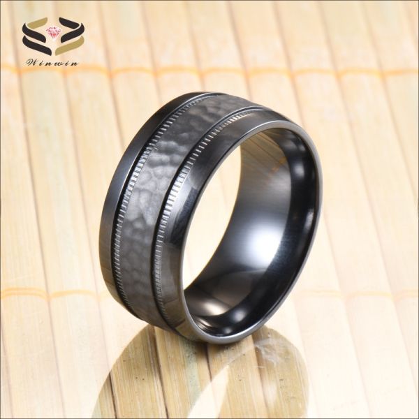 Third Party Appraisal Geometric 8mm Custom Dome Edge Hammered Two Gear Pattern Black Zirconium Ring for Men Wedding Band