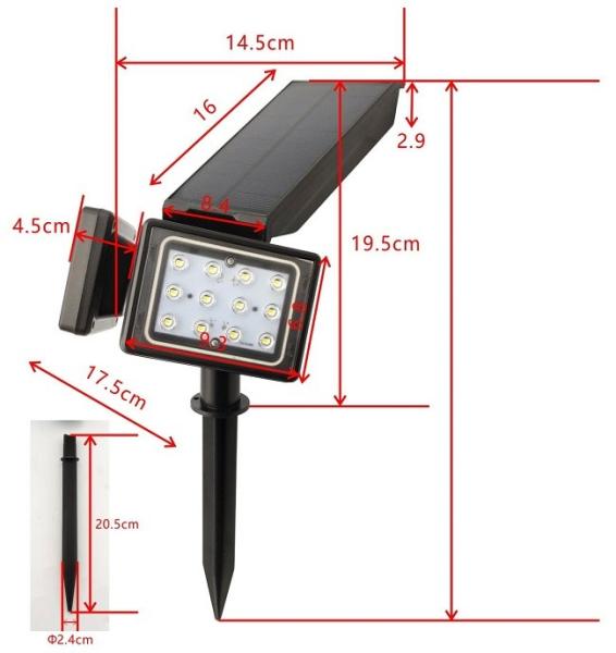 24.5x15x14cm solar powered garden lED lights Double Heads 24LED ABS 2000mah 18650 Lithium Battery