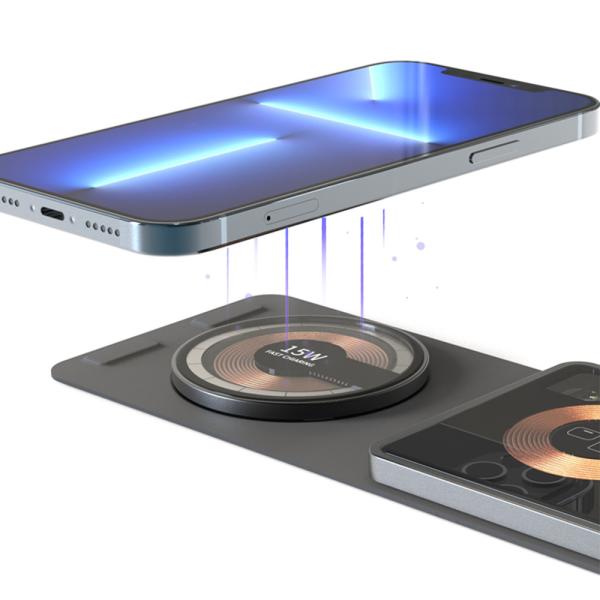 Двойной магнитный беспроводный зарядное устройство 2 в 1 15W складное для iPhone и наушников