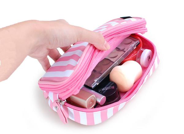 Small portable PU cosmetic box Korean girl stripe cute makeup storage multi-functional toiletries bags