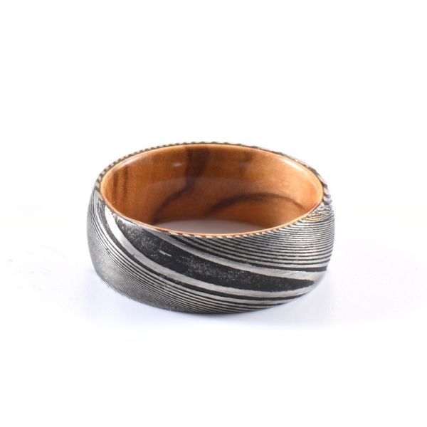 8mm Dome Latest Damascus Steel Ring With Olive Wood Sleeve Inlay for Men's Wedding Bands or Rings Third Party Appraisal