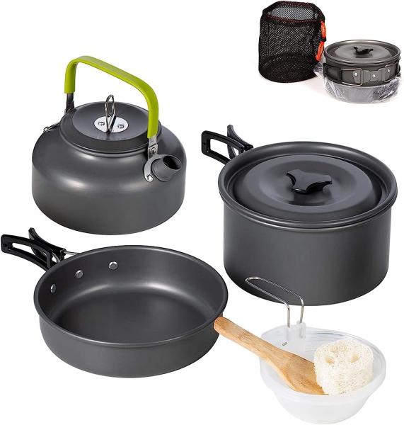 Stainless Steel Camping Outdoor Cookware Mess Kit Set, Folding Cookset Camping Teapot and Pans Set Equipment