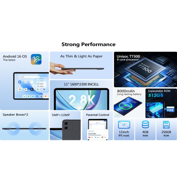 Kinstone 11 inch Tablet PC 8000mA 4G LTE Octa-core 1600*2300 2.8K INCELL 4GB+256GB