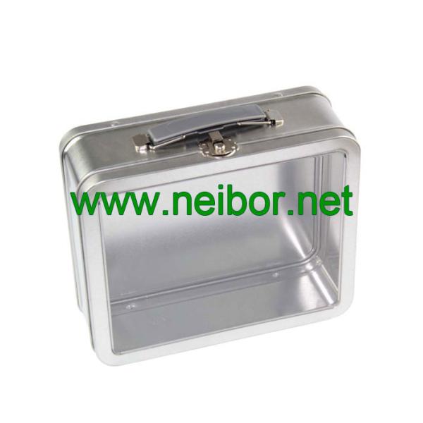 Large Silver Tin Lunch Box with clear window