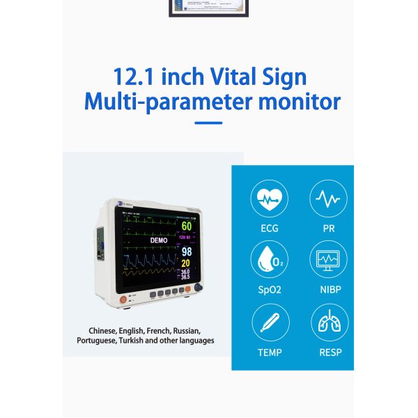 Monitor de paciente multiparamétrico con fuente de alimentación eléctrica, batería incorporada y alarma inteligente de tres niveles