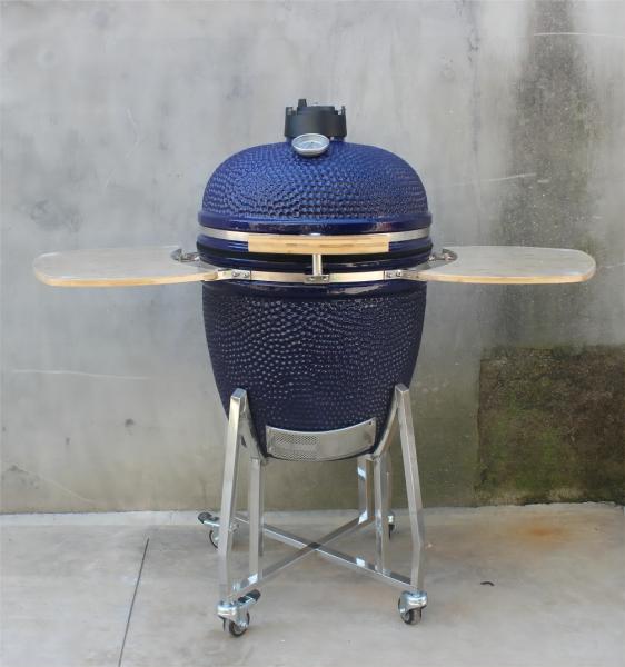 Barbecue Ceramic Kamado Grill Outdoor 22 Inch Navy Color With Cart And Side Tables